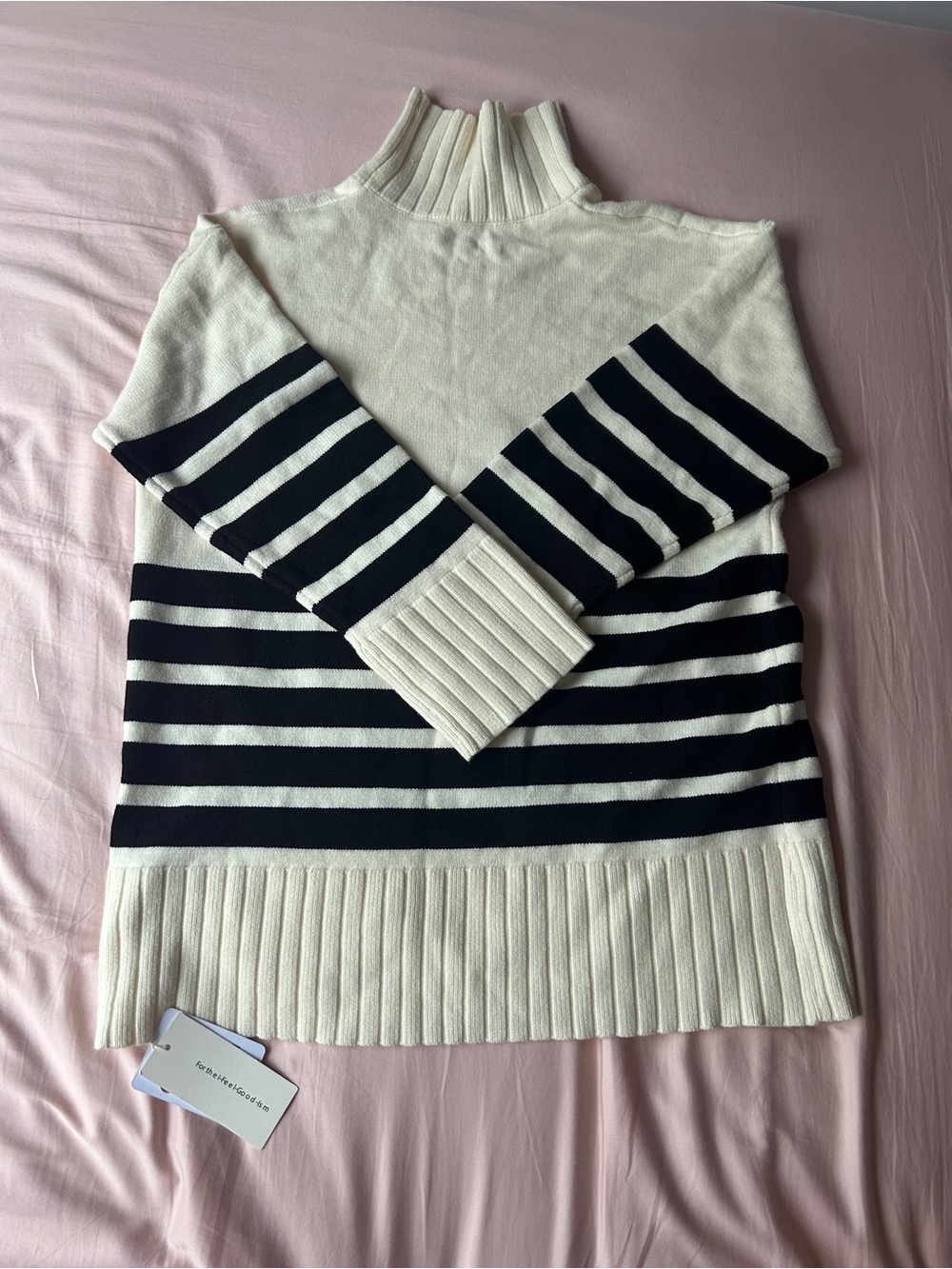 Commense Cream & Black Striped Turtleneck Sweater